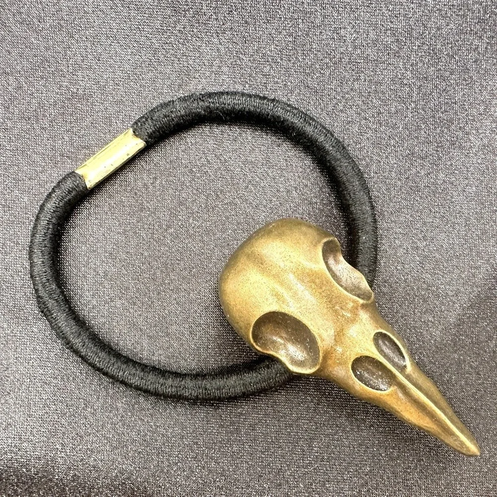 Vintage Y2K Bronze Tone Crow Skull Up Elastic Hair Band Halloween Hair Accessory